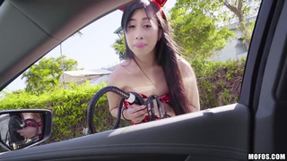 Busty Asian teen works for her Halloween spunk mask